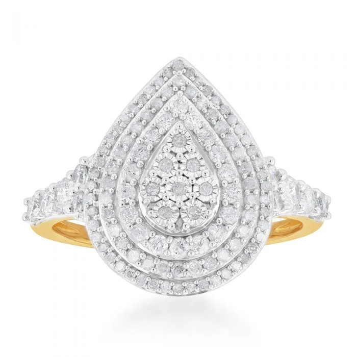 Luxury Jewelry Clearance – Shop Premium Styles Now 1 Carat Diamond Pear Shaped Cluster Ring Set in Sterling Silver and 9ct Yellow Gold