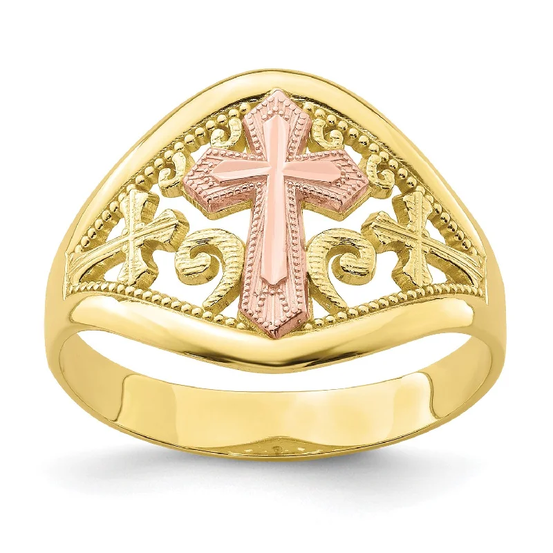 Unmissable Jewelry Clearance – Final Reductions 10KT Yellow and Rose Gold Cross Ring; Size 7