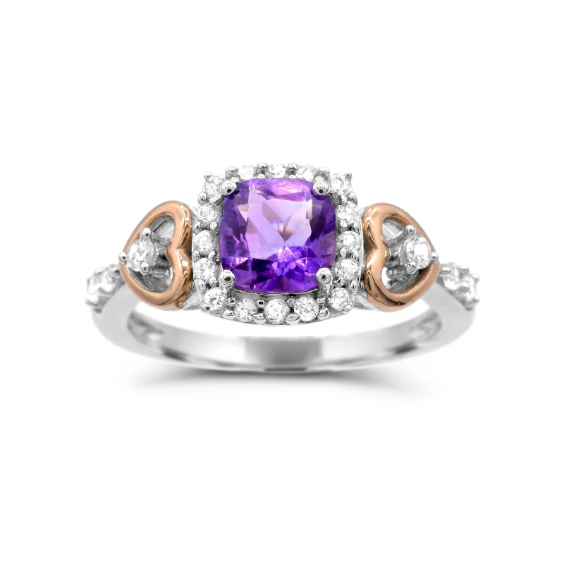 Best-Selling Jewelry Now Available At Special Deals 6MM Cushion Amethyst and White Sapphire Heart Eternal Romance Ring in Sterling Silver