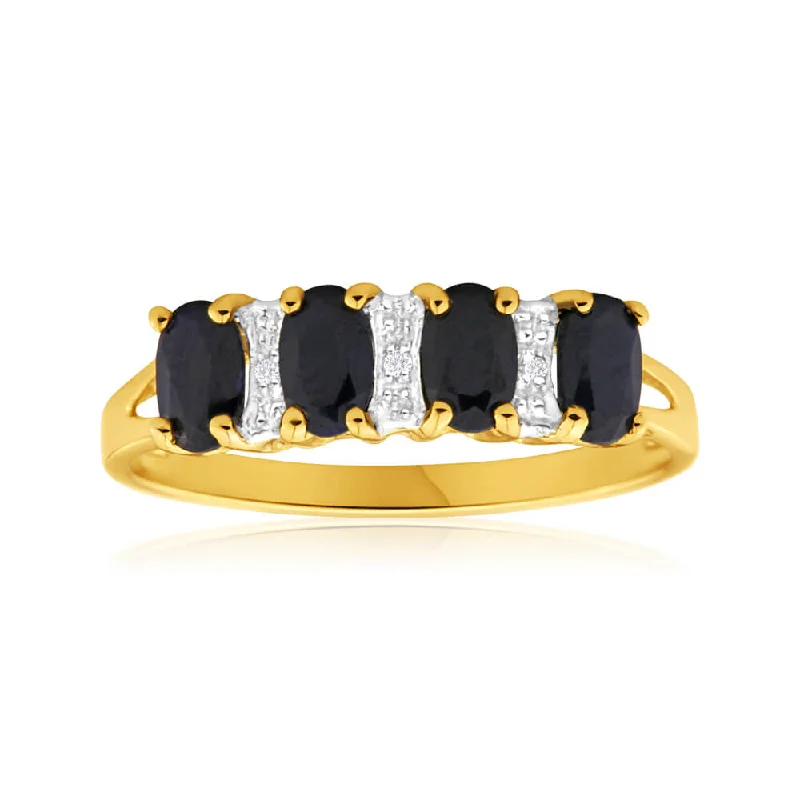 Stunning Jewelry Pieces At The Lowest Prices Ever 9ct Radiant Yellow Gold Natural Sapphire x4 and Diamond x3 Ring