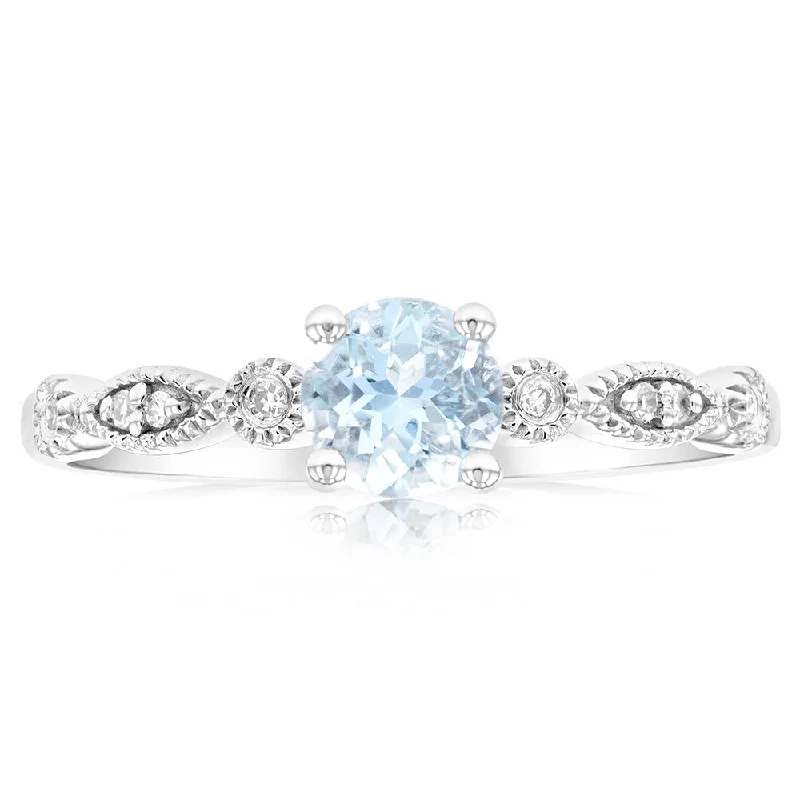 Handcrafted Jewelry Sale – Unique Designs At Low Prices 9ct White Gold 5mm Round Cut 0.45ct Aquamarine and Diamond Ring