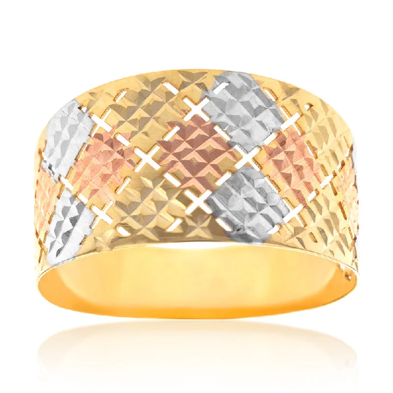 Customized Silver Jewelry For Unique Style 9ct Yellow And White Gold Patterned Broad Band Ring