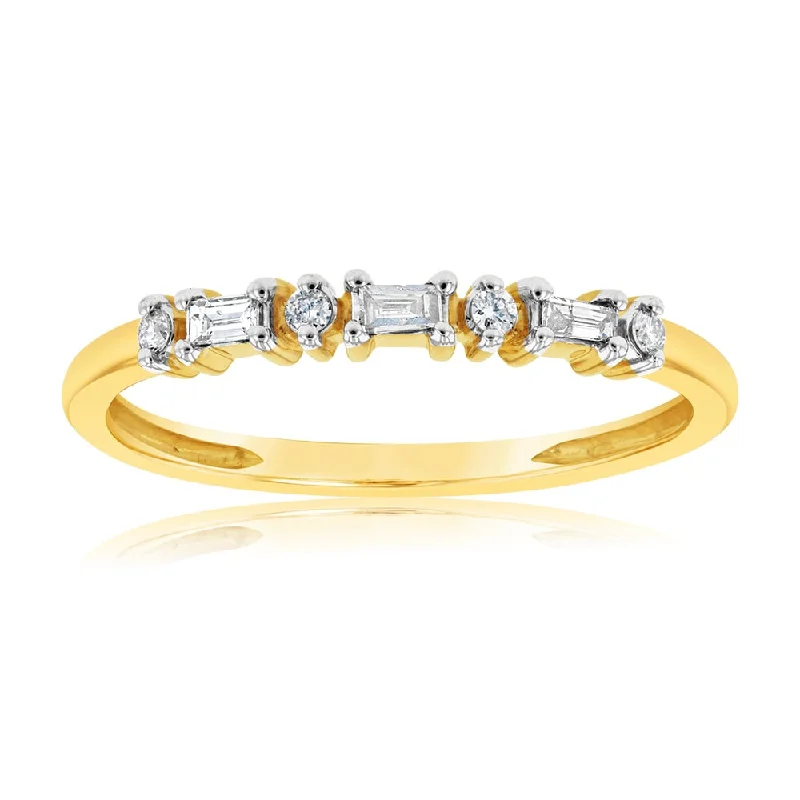 Seasonal Jewelry Deals – Elevate Your Style 9ct Yellow Gold 0.10 Carat Diamond Eternity Ring with 4Brilliant & 3Baguette Diamonds