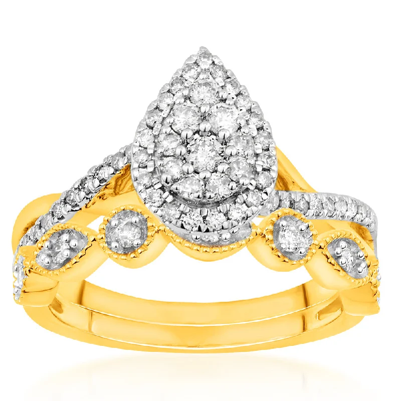 Limited-Time Offer On Elegant Jewelry Pieces 9ct Yellow Gold 1/2 Carat Diamond Bridal 2-Ring Set with Pear Shape Cluster Limited-Time Offer On Elegant Jewelry Pieces 9ct Yellow Gold 1/2 Carat Diamond Bridal 2-Ring Set with Pear Shape Cluster