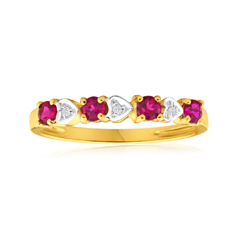 Holiday Jewelry Sale – Perfect Gifts At The Best Prices 9ct Yellow Gold 4 Created Ruby + 3 Diamond Ring