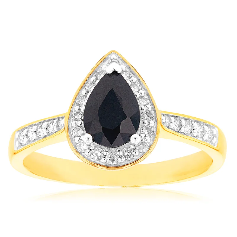 Make Every Moment Shine – Jewelry Discounts Available 9ct Yellow Gold 7x5mm Natural Sapphire and Diamond Pear Halo Ring