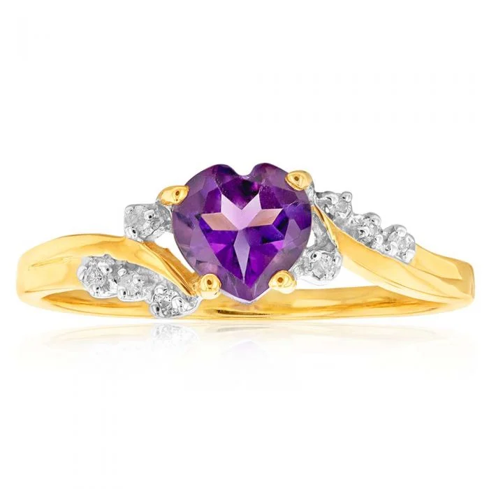 Get Ready To Sparkle – Special Jewelry Discounts 9ct Yellow Gold Amethyst Heart with 8 Diamond Ring