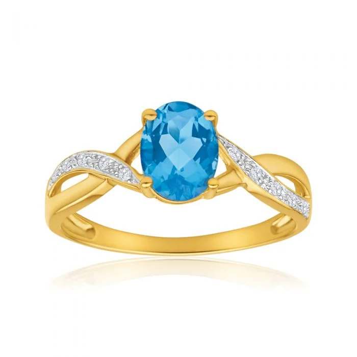 Flash Sale On Exquisite Jewelry – Don't Miss Out 9ct Yellow Gold Blue Topaz and Diamond Cross Over Ring