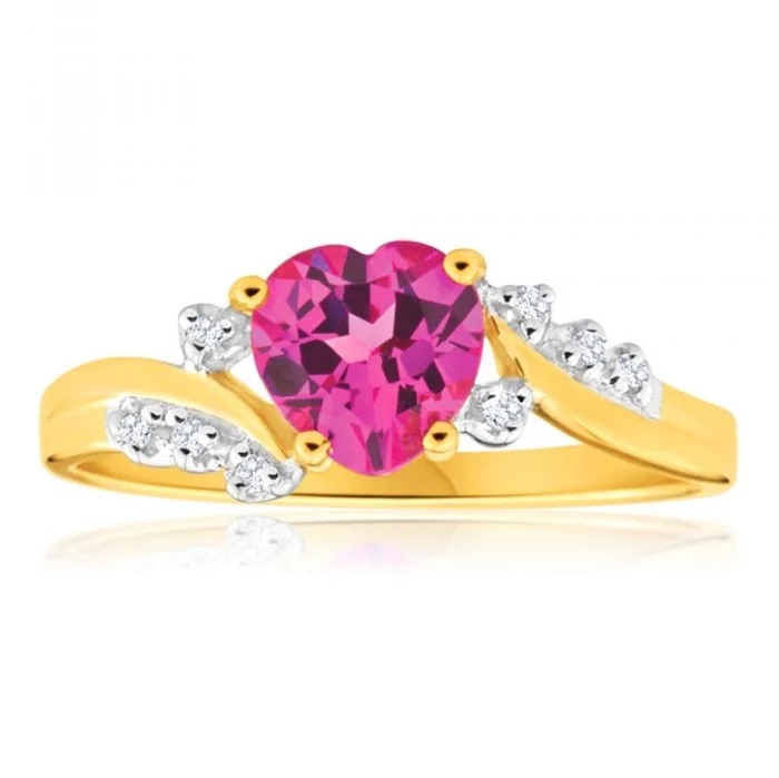 Versatile Layering Jewelry For Effortless Chic 9ct Yellow Gold Created Pink Sapphire Heart and  Diamond Ring