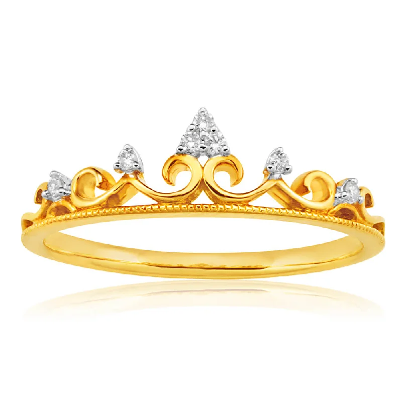 Huge Markdowns On Premium Jewelry Styles 9ct Yellow Gold Crown Ring with 7 Diamonds
