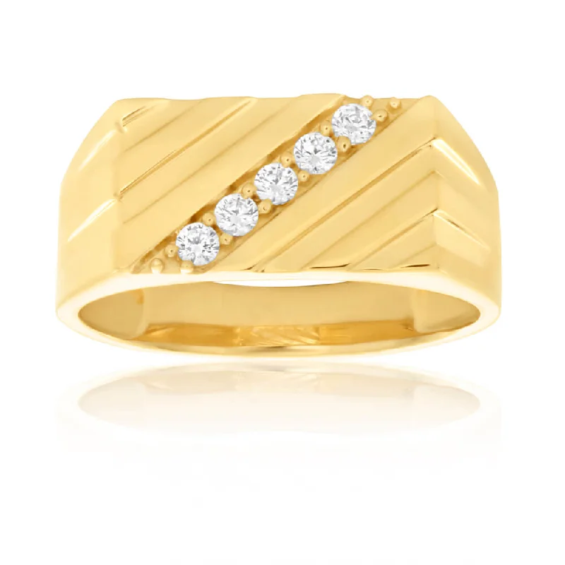 Fashion-Forward Jewelry At Incredible Prices 9ct Yellow Gold Diagonal Channel Set Cubic Zirconia Gents Ring