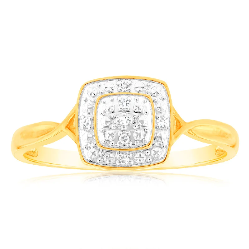 Shop Trending Jewelry With Exclusive Savings 9ct Yellow Gold Diamond Cushion Shape Cluster Ring With 7 Brilliant Cut Diamonds