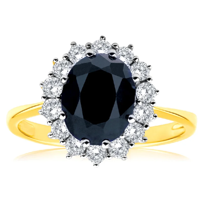 Bestselling Jewelry At Special Promotional Rates 9ct Yellow Gold Natural Sapphire 2.50 Carat 9X7mm Oval with 0.50 Carat Diamonds Ring