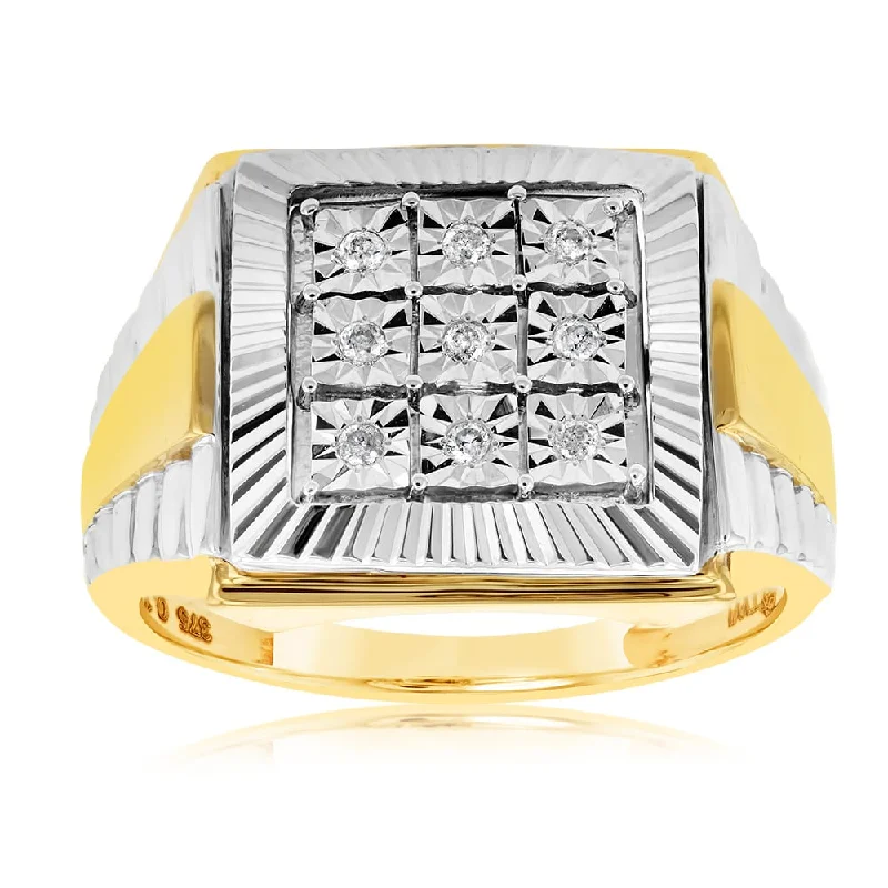 Shop Jewelry That Shines Without The High Price 9ct Yellow Gold & Rhodium Set with 9 Brilliant Diamonds Gents Ring Set Shop Jewelry That Shines Without The High Price 9ct Yellow Gold & Rhodium Set with 9 Brilliant Diamonds Gents Ring Set