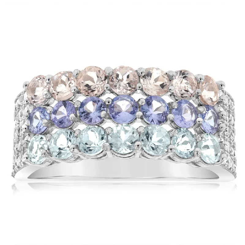 Shop Dazzling Jewelry At The Best Prices Aquamarine, Morganite, Tanzanite & White Zirconia Ring Set in Silver