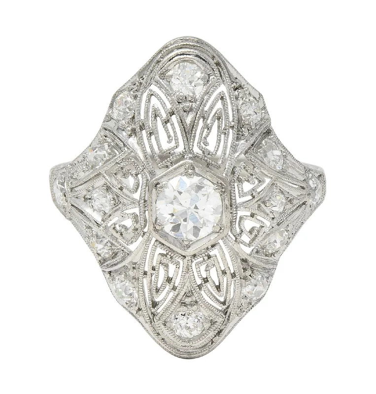 Luxury Jewelry At Unbeatable Discounts Art Deco 1.15 CTW Diamond Platinum Vintage Greek Key Navette Ring