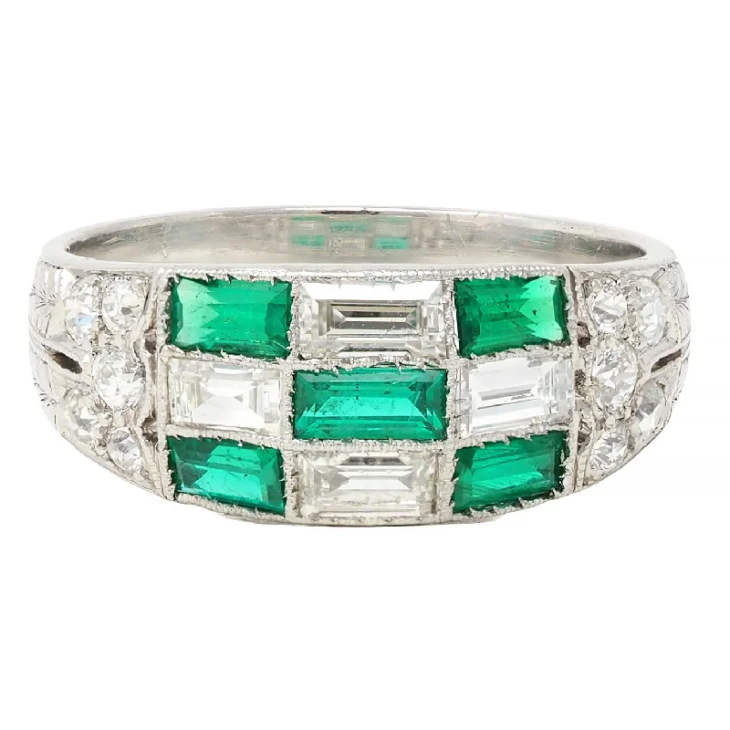 Bestselling Jewelry At Special Promotional Rates Art Deco 1.22 CTW Emerald Diamond Platinum Antique Wheat Checkerboard Band Ring