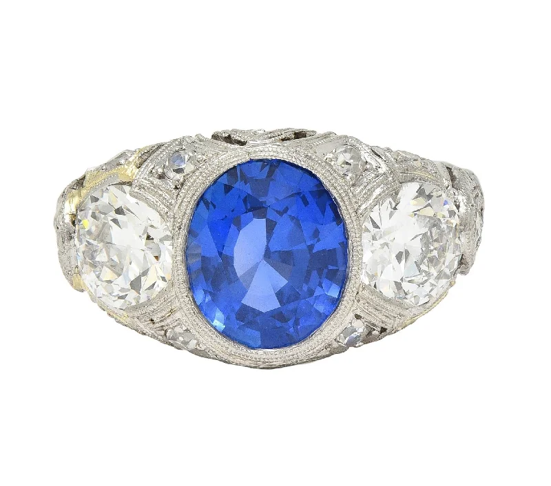 Limited-Stock Jewelry Clearance – Grab Your Favorites Now Art Deco 4.90 CTW No Heat Ceylon Sapphire Diamond Platinum Antique Three Stone Lotus Ring AGL