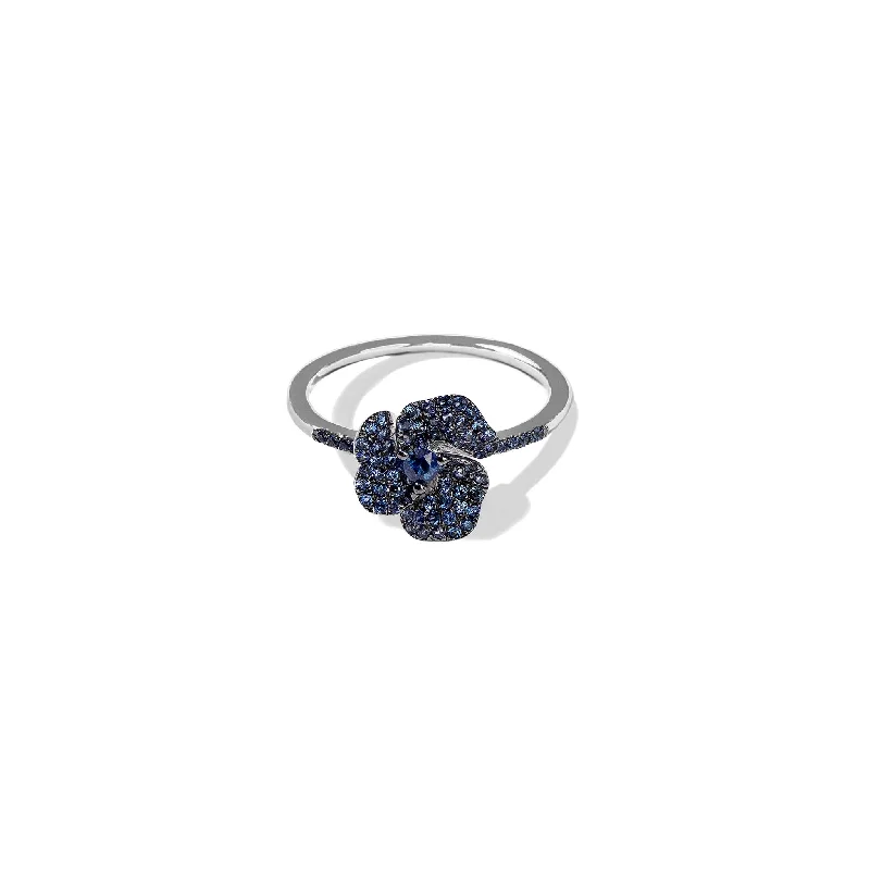Make Your Outfit Shine With Discounted Jewelry Bloom Mini Flower Blue Sapphire Ring in White Gold