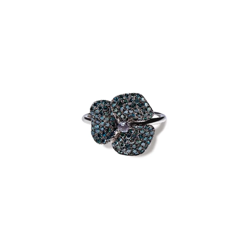 High-End Sparkle, Low-End Prices – Jewelry Sale Live Bloom Small Flower Blue Diamond Ring in White Gold