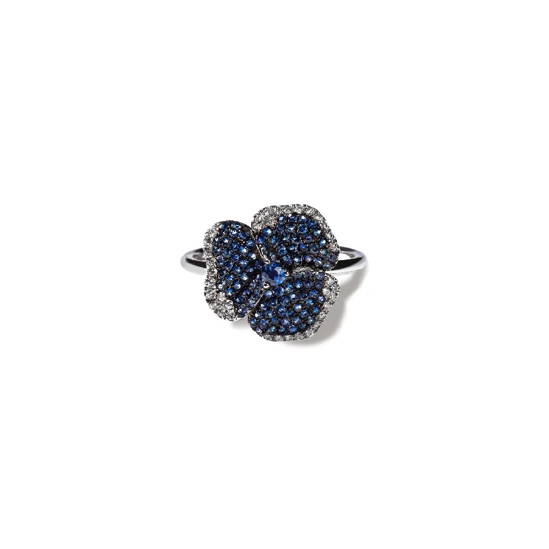 Don't Miss Our Biggest Jewelry Sale Of The Season Bloom Small Flower Blue Sapphire Ring in White Gold