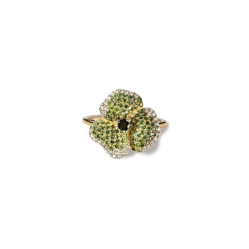 Jewelry Clearance – Final Chance To Save Big Bloom Small Flower Green Diamonds Ring in Yellow Gold