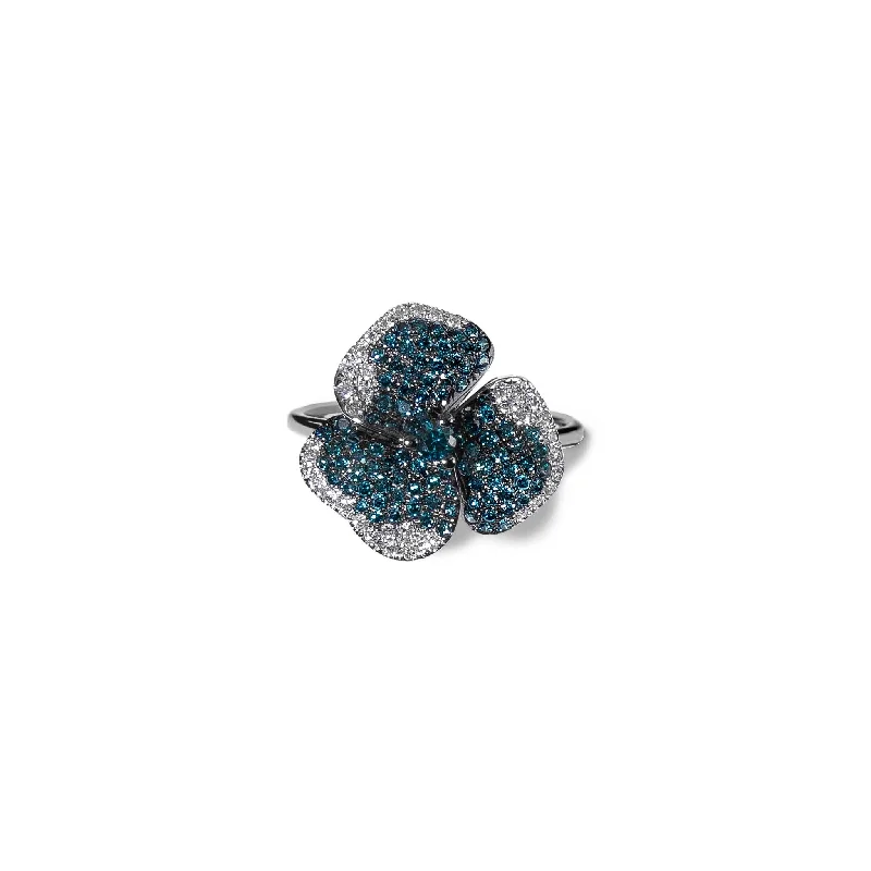 Must-Have Jewelry At Unbelievable Discounts Bloom Small Flower White and Blue Diamonds Ring in White Gold
