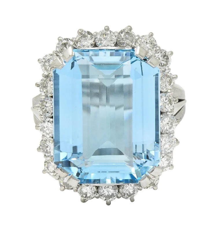 Classic And Modern Jewelry Styles On Sale Contemporary 19.42 CTW Aquamarine Diamond Platinum Halo Cocktail Ring