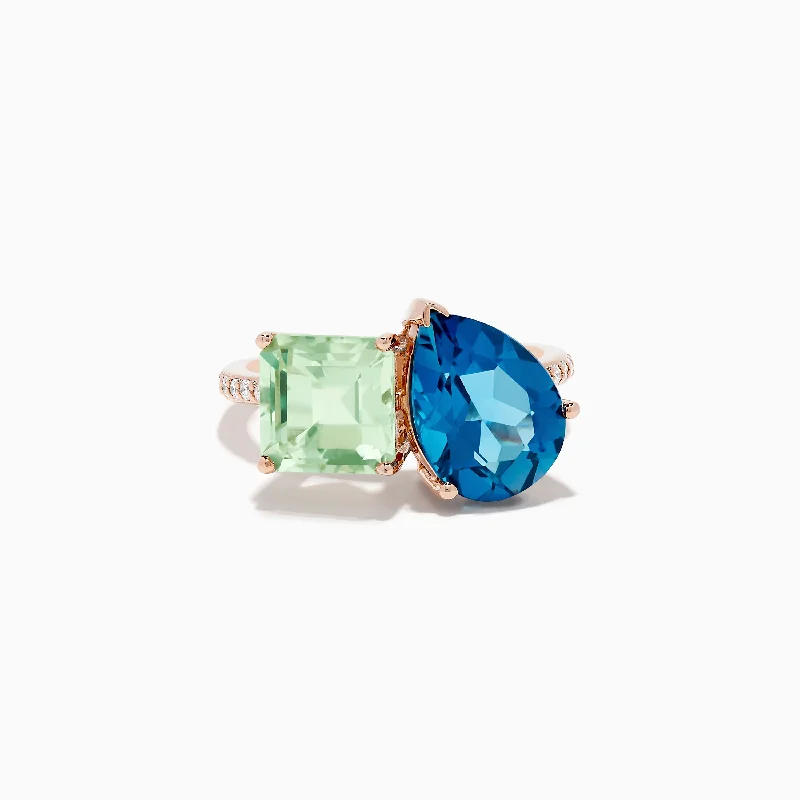 Grab Exquisite Jewelry At The Lowest Prices 14K Gold Diamond, Green Amethyst, and London Blue Topaz Toi Et Moi Ring
