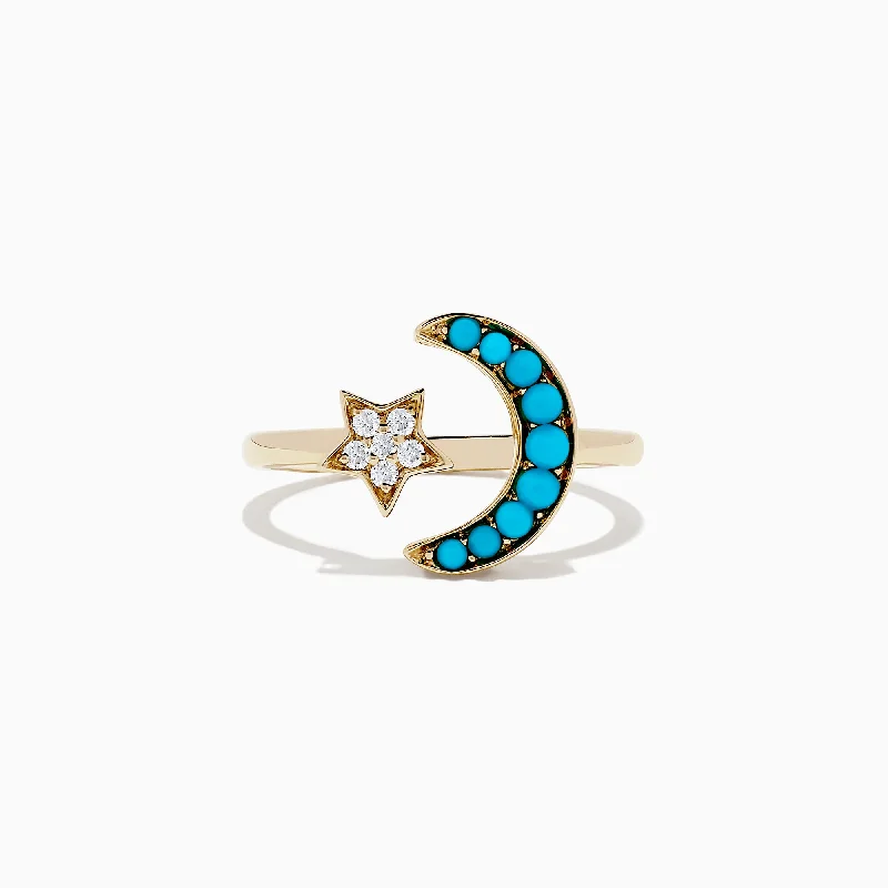 Chic And Stylish Jewelry At Exclusive Prices 14K Yellow Gold Turquoise and Diamond Moon and Star Ring, 0.32 TCW Chic And Stylish Jewelry At Exclusive Prices 14K Yellow Gold Turquoise and Diamond Moon and Star Ring, 0.32 TCW