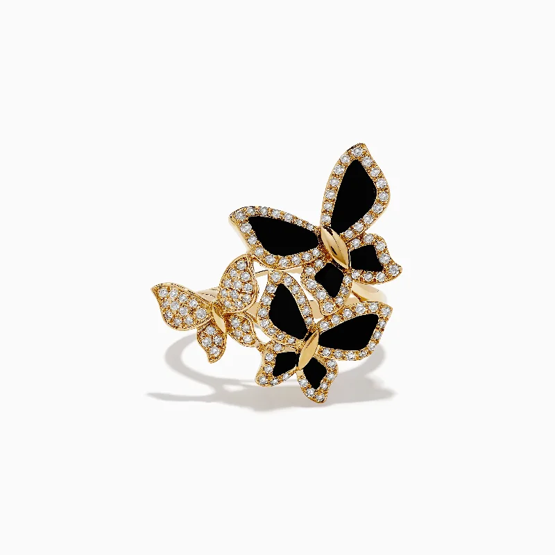 Premium Jewelry Now Available At Special Discounts Nature 14K Yellow Gold Onyx and Diamond Multi Butterfly Ring
