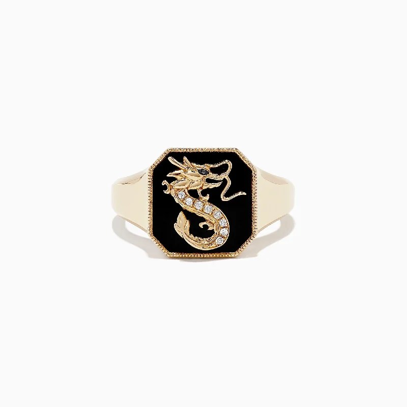 Limited-Stock Jewelry Sale – Once It's Gone, It's Gone Novelty 14K Yellow Gold Onyx and Diamond Dragon Signet Ring, 1.91 TCW Limited-Stock Jewelry Sale – Once It's Gone, It's Gone Novelty 14K Yellow Gold Onyx and Diamond Dragon Signet Ring, 1.91 TCW