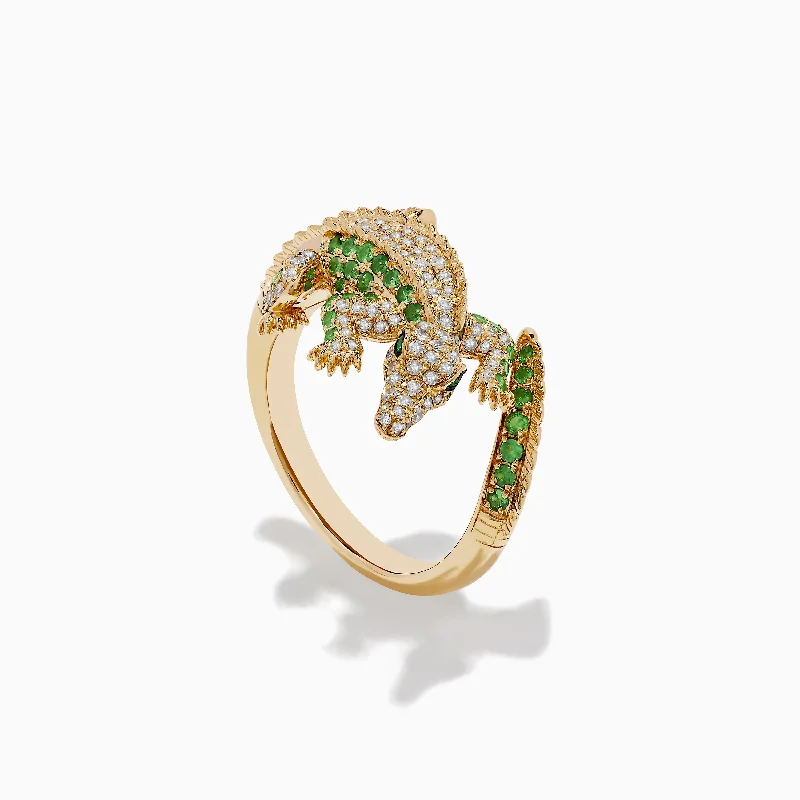 Fashion-Forward Geometric Jewelry For Contemporary Style Safari 14K Yellow Gold Diamond, Tsavorite, and Emerald Crocodile Ring