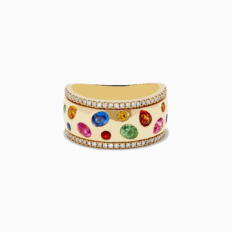 High-Quality Gemstone Jewelry For Special Occasions Watercolor 14k Yellow Gold Bezel Set Multi Sapphire Ring