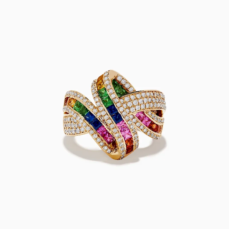 Flash Sale On Elegant Jewelry – Don't Miss Out Watercolor 14k Yellow Gold Multi Sapphire and Diamond Ribbon Ring