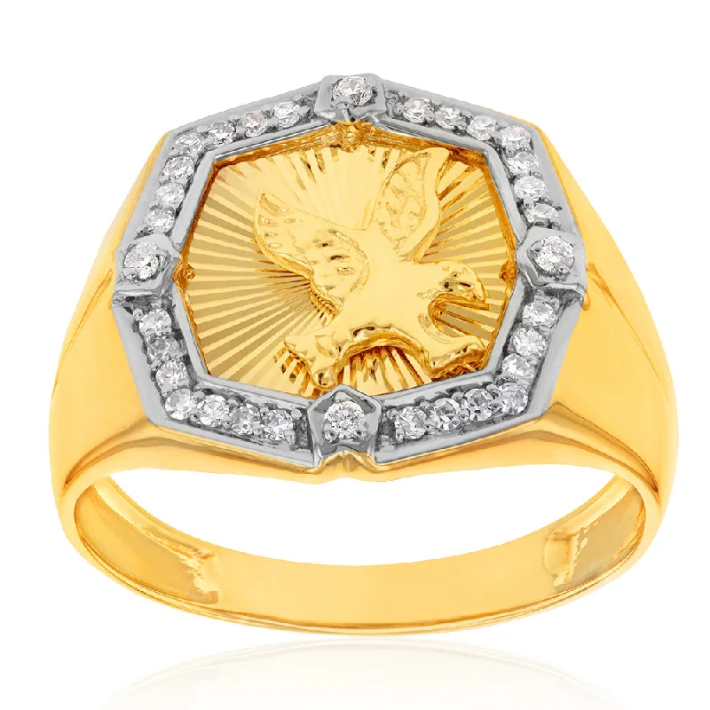 Stunning Jewelry At Even More Stunning Prices Luminesce Lab Grown 1/4 Carat Diamond Eagle Gents Ring in 9ct Yellow Gold Stunning Jewelry At Even More Stunning Prices Luminesce Lab Grown 1/4 Carat Diamond Eagle Gents Ring in 9ct Yellow Gold