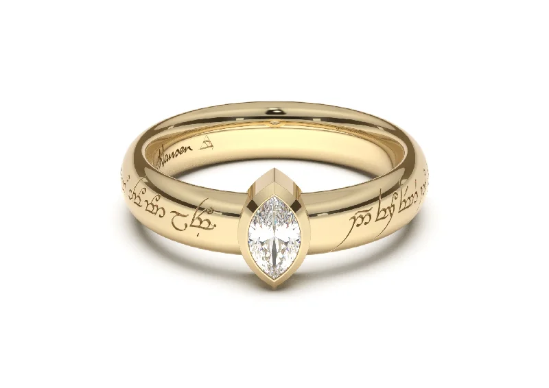Bohemian-Inspired Jewelry For Free-Spirited Fashion Marquise Modern Elvish Engagement Ring, Yellow Gold
