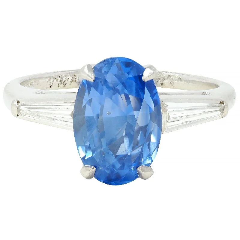 Premium Jewelry Now Available At Special Discounts Mid-Century 4.29 CTW No Heat Ceylon Sapphire Diamond Platinum Vintage Three Stone Ring GIA