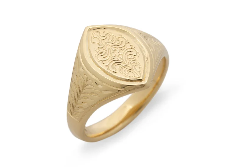 Limited-Stock Jewelry Sale – Shop Before It's Gone Navette Hand Engraved Signet Ring, Yellow Gold