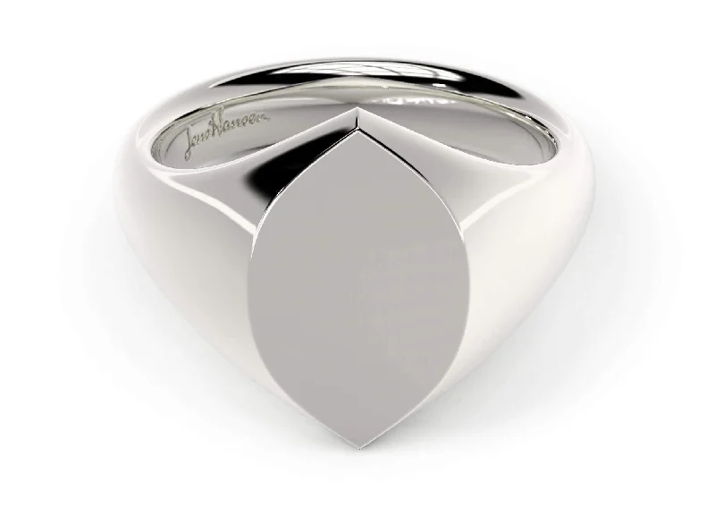 Dainty Floral Jewelry For Feminine Elegance Navette Signet Ring, White Gold & Platinum