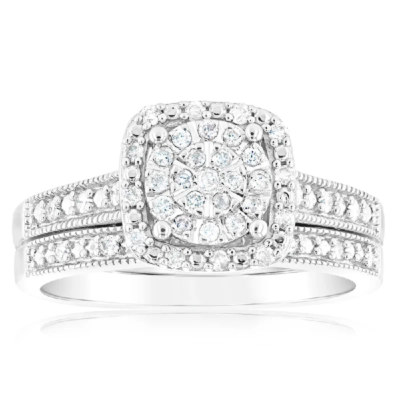 Chic, Trendy, And Affordable Jewelry Sale Sterling Silver 1/4 Carat Diamond  2-Ring Bridal Set