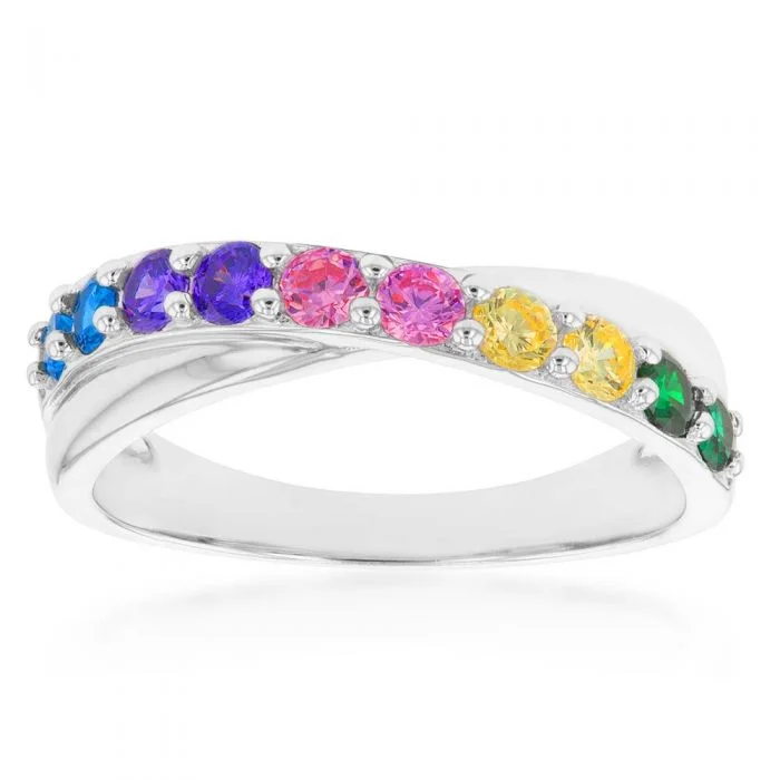 Last Chance To Shop High-End Jewelry At Markdown Prices Sterling Silver Rainbow Multicolour Cubic Zirconia Crossover Ring