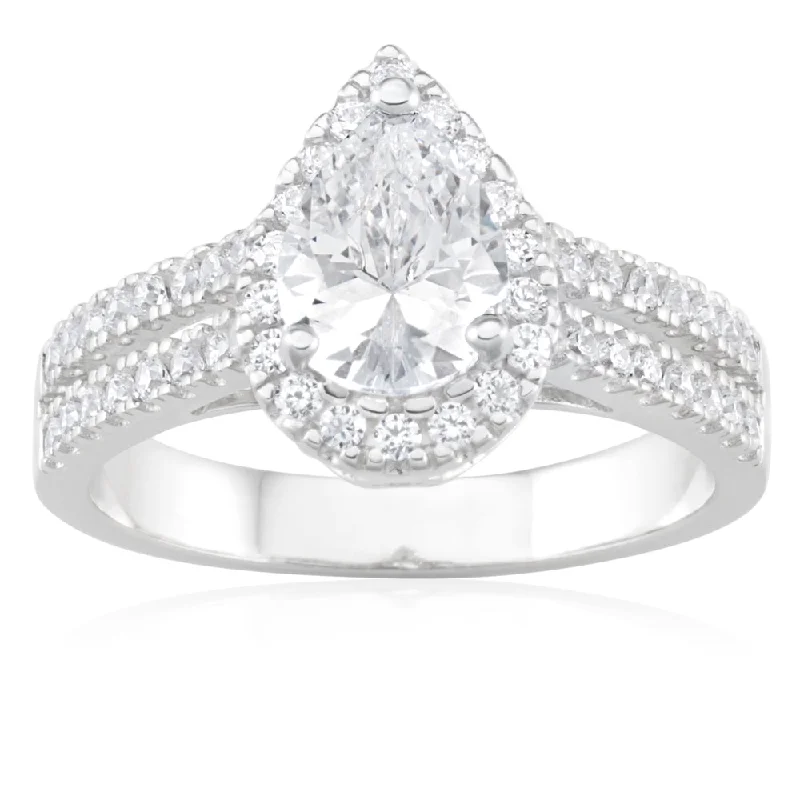 The Perfect Jewelry Piece At The Perfect Price Sterling Silver Rhodium Plated Cubic Zirconia Pear Halo Ring with Double Band The Perfect Jewelry Piece At The Perfect Price Sterling Silver Rhodium Plated Cubic Zirconia Pear Halo Ring with Double Band