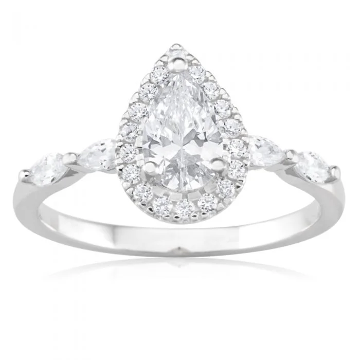 Buy More, Save More On Stunning Jewelry Pieces Sterling Silver Rhodium Plated Cubic Zirconia Pear Halo Ring with Marquise Band