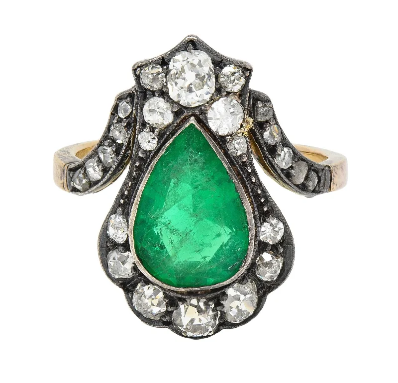 Glamorous Jewelry, Glamorous Deals – Shop Now Victorian 2.96 CTW Emerald Diamond 14 Karat Gold Silver-Topped Antique Cluster Ring