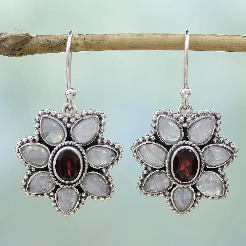 Special Deals On Handcrafted And Designer Jewelry Camellia Blossoms Rainbow Moonstone Garnet Dangle Earrings from India