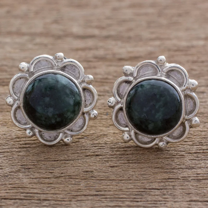 Buy More, Save More – Special Jewelry Discounts Dark Forest Princess Sterling Silver Floral Button Earrings with Dark Green Jade