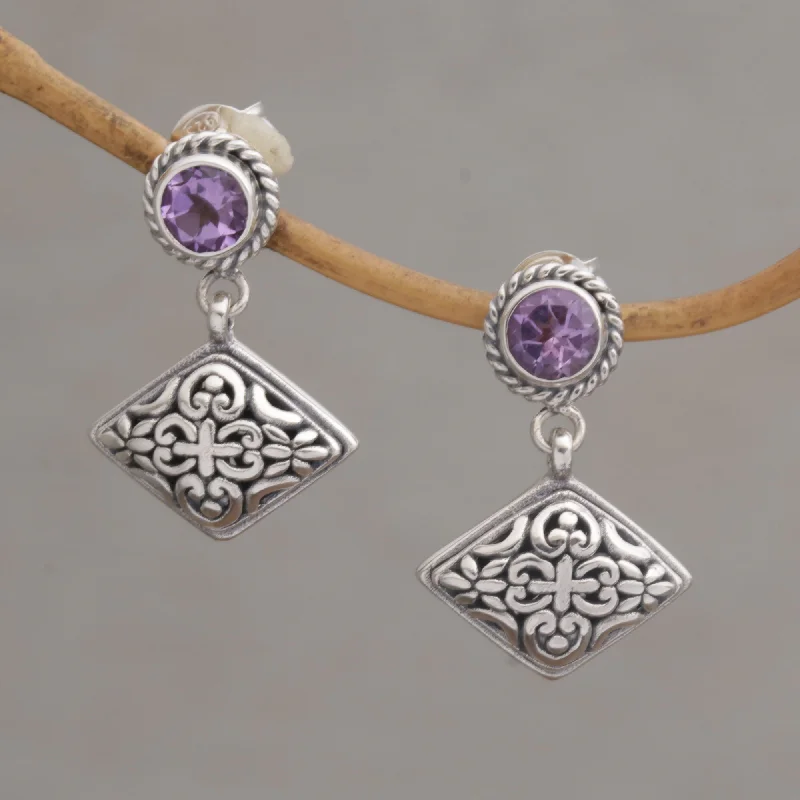 Elevate Your Jewelry Collection With Limited-Time Savings Diamond Dew Amethyst Dangle Earrings with Diamond Shapes from Bali