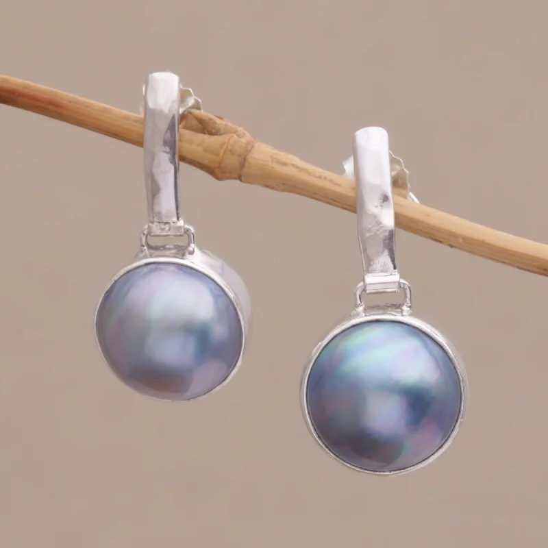 Unmissable Deals On Handmade Jewelry Collections Ethereal Shimmer in Blue Cultured Mabe Pearl Dangle and Sterling Silver Earrings