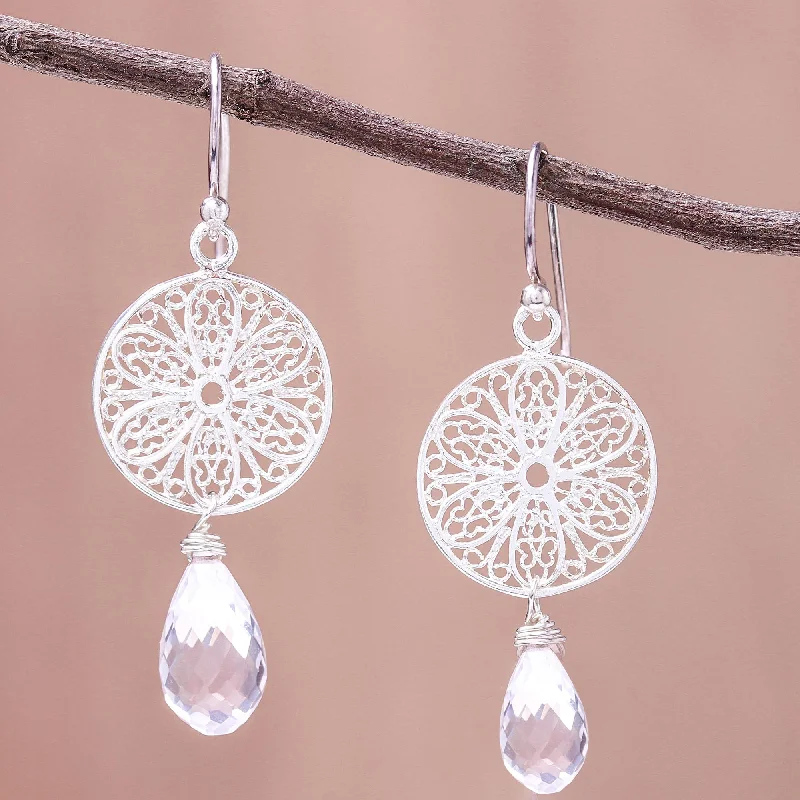 Grab Your Dream Jewelry At The Lowest Prices Glittering Web Web Motif Rose Quartz Dangle Earrings from Thailand